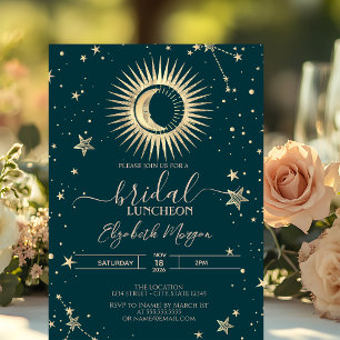 Gold Sun And Moon Stars Green Bridal Luncheon Invitation
