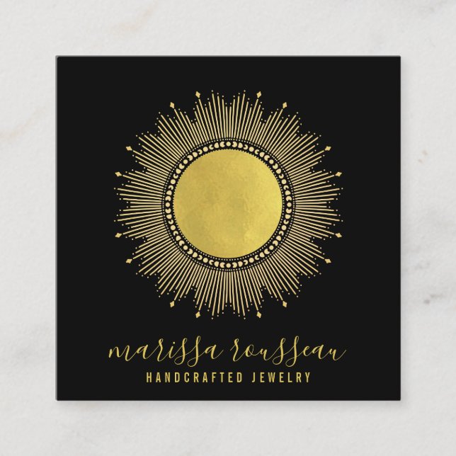 Gold Sun Faux Foil Mandala Black Jewellery Designe Square Business Card (Front)