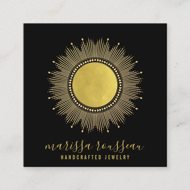 Gold Sun Faux Foil Mandala Black Jewellery Designe Square Business Card (Front)