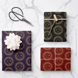 Gold Sun & Moon Faces Celestial Pattern Trio Wrapping Paper Sheet
