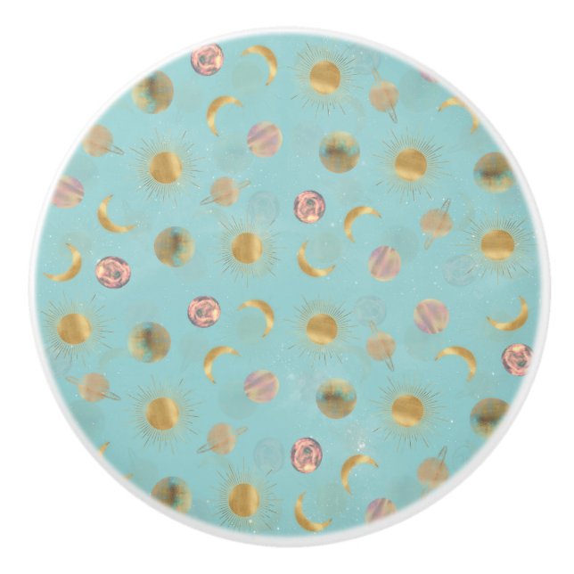 Gold Sun Moon Planets Space Blue illustration Ceramic Knob (Front)