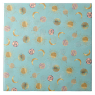 Gold Sun Moon Planets Space Blue illustration Ceramic Tile