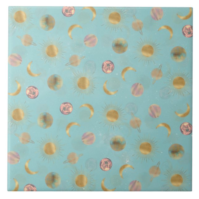 Gold Sun Moon Planets Space Blue illustration Ceramic Tile (Front)