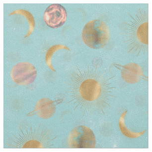 Gold Sun Moon Planets Space Blue illustration Fabric
