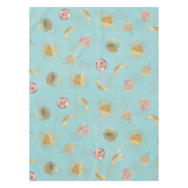 Gold Sun Moon Planets Space Blue illustration Tablecloth (Front)