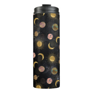 Gold Sun Moon Planets Space illustration Thermal Tumbler