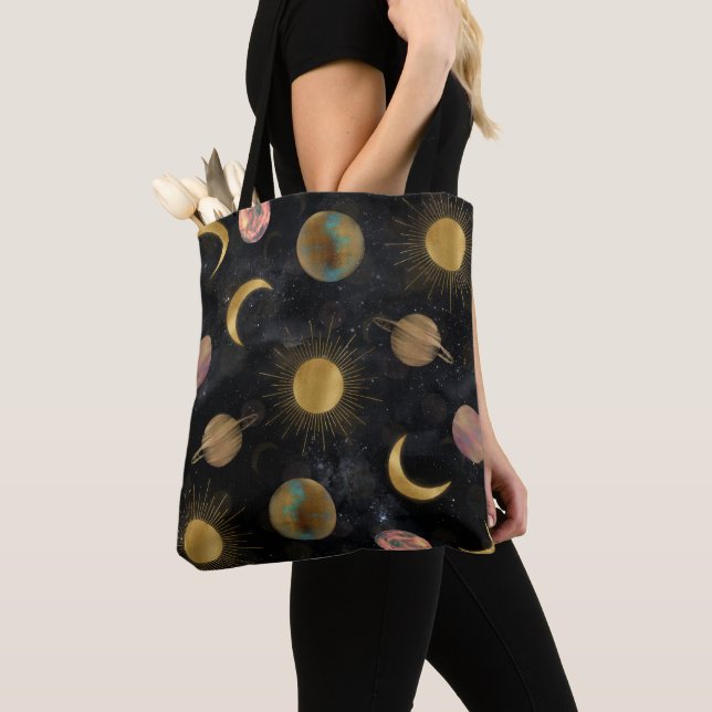Gold Sun Moon Planets Space illustration Tote Bag (Close Up)