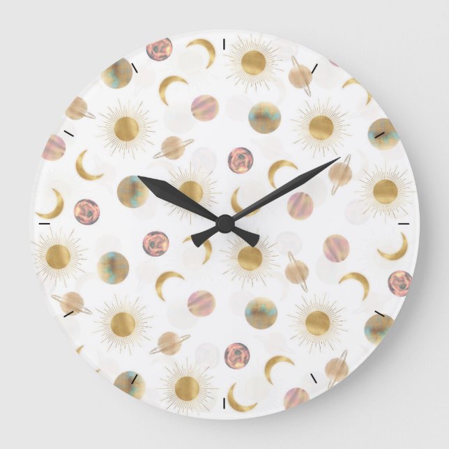 Gold Sun Moon Planets Space White illustration Large Clock (Front)