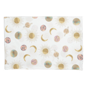 Gold Sun Moon Planets Space White illustration Pillowcase