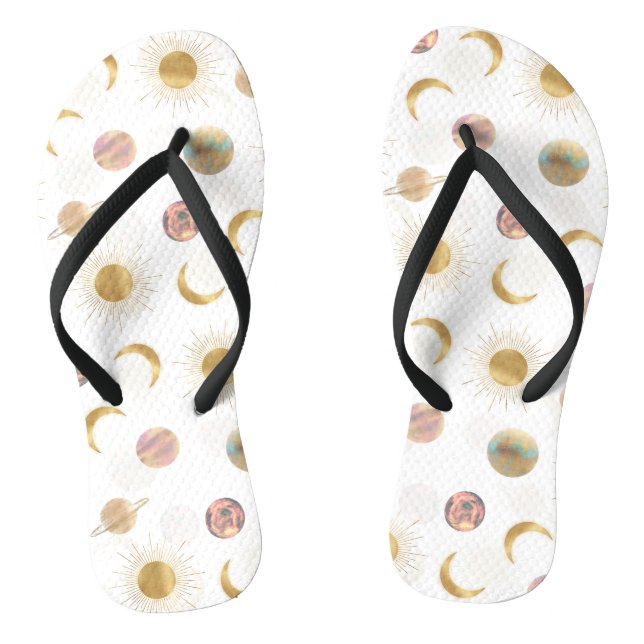 Gold Sun Moon Planets Space White illustration Thongs (Footbed)