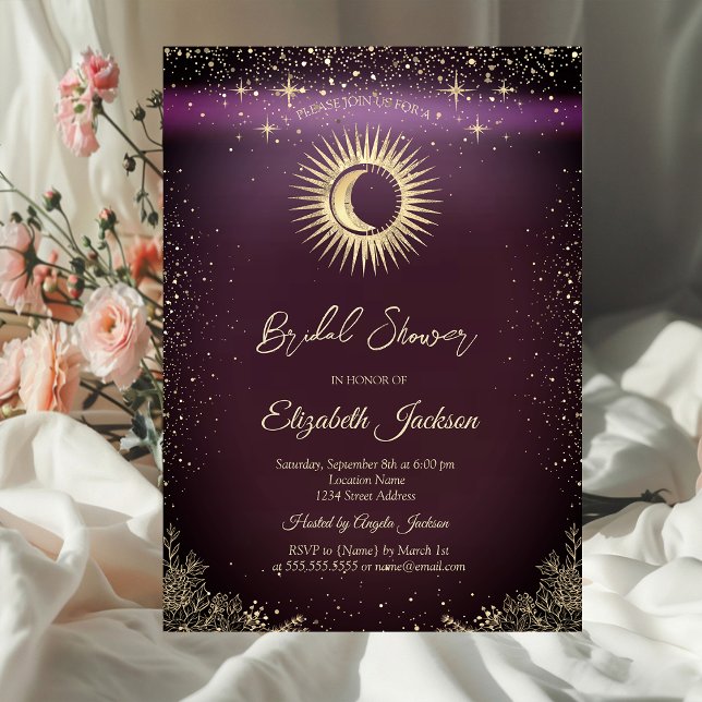 Gold Sun,Moon,Stars Flowers Burgundy Bridal Shower Invitation (Creator Uploaded)