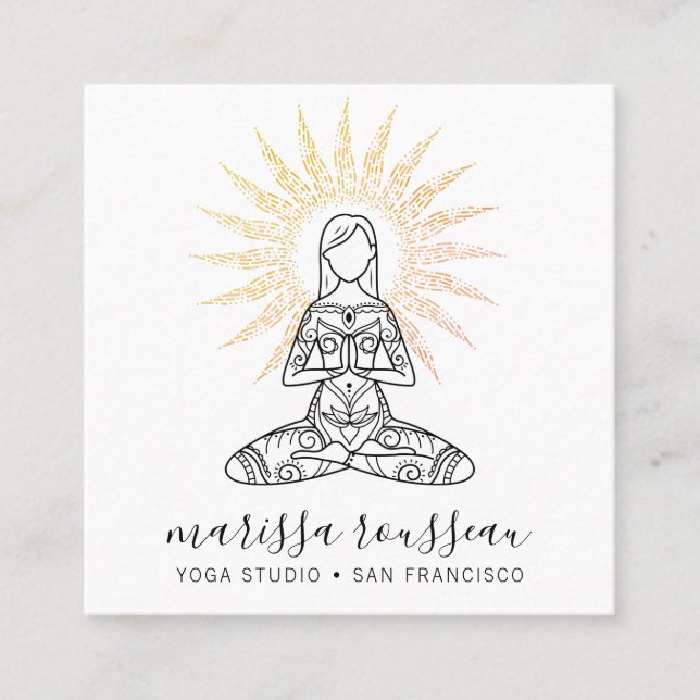 Gold sun Rays Lotus Pose Yoga Instructor  Square Business Card (Front)