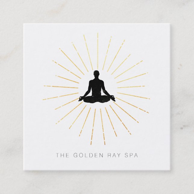 *~* Gold Sun Rays Man Meditation Yoga Pose Square Business Card (Front)