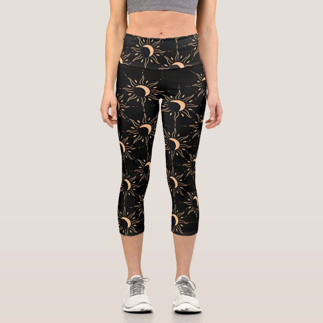 Gold Sun Scattered Black Background Capri Leggings (Front)