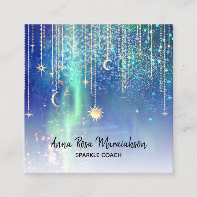 *~* Gold Sun Stars Sparkle Moon Celestial Universe Square Business Card (Front)