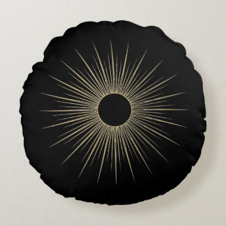 Gold Sunburst Black Minimal Round Throw Pillow