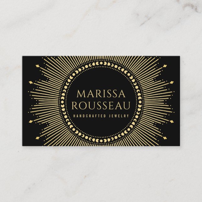 Gold Sunburst Celestial Jewellery Designer Busines Business Card (Front)