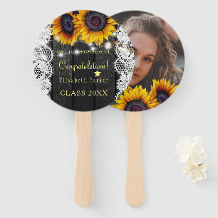 Gold sunflower barn wood PHOTO graduation party Hand Fan