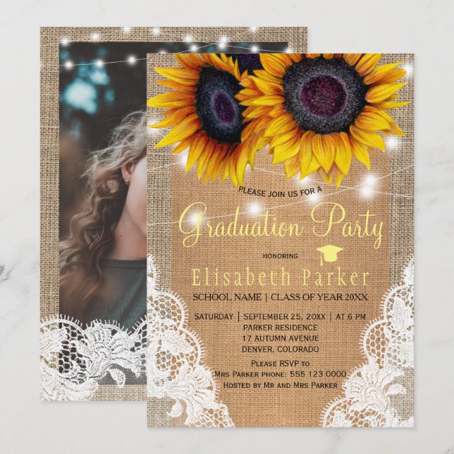 Gold sunflower burlap lace PHOTO graduation party Invitation (Front/Back)