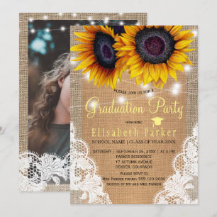 Gold sunflower burlap lace PHOTO graduation party Invitation