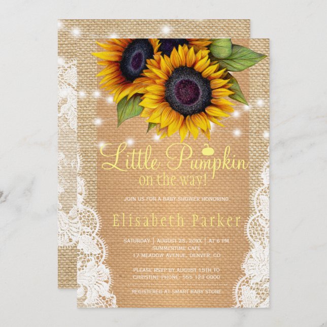 Gold sunflower country burlap and lace baby shower invitation (Front/Back)
