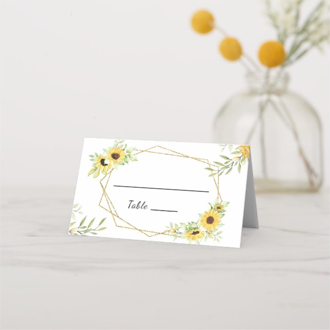 Gold Sunflower Geometric Rustic Elegant Wedding Place Card (Front)