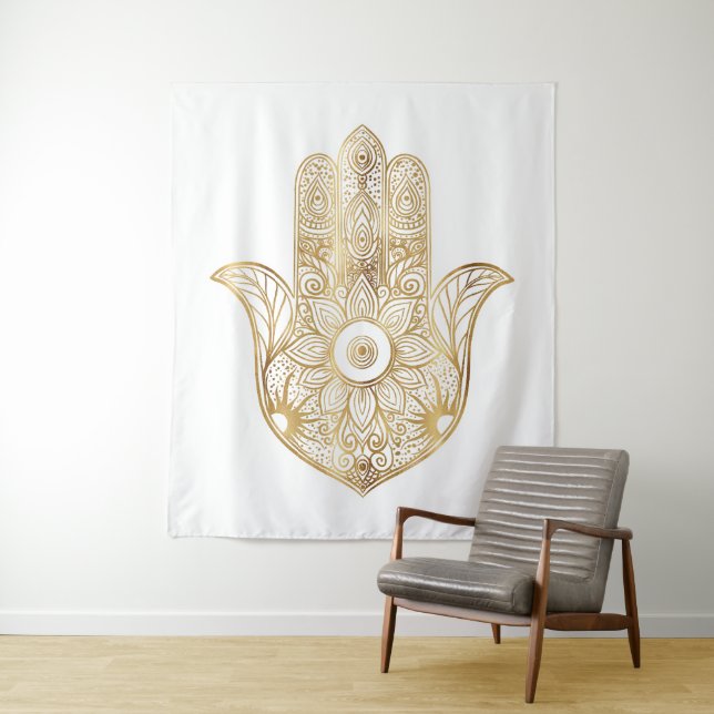 Gold Sunflower Hamsa Hand Tapestry (In Situ)