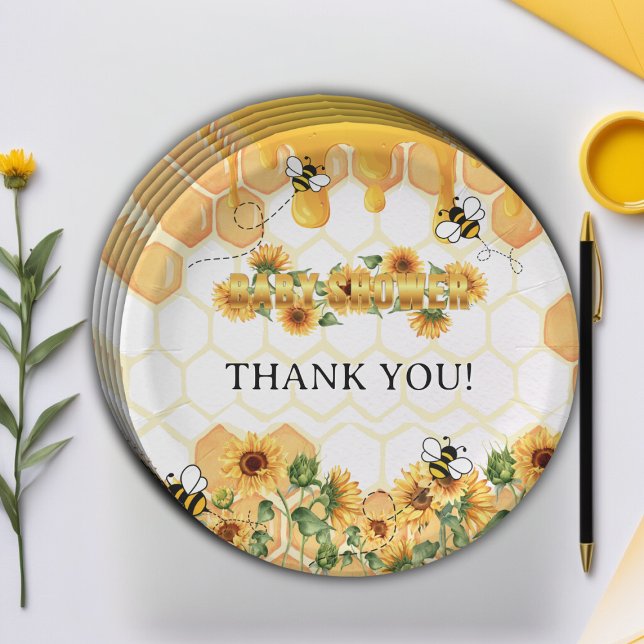 Gold Sunflower Honeycomb Honeybee Baby Shower Paper Plate (Creator Uploaded)