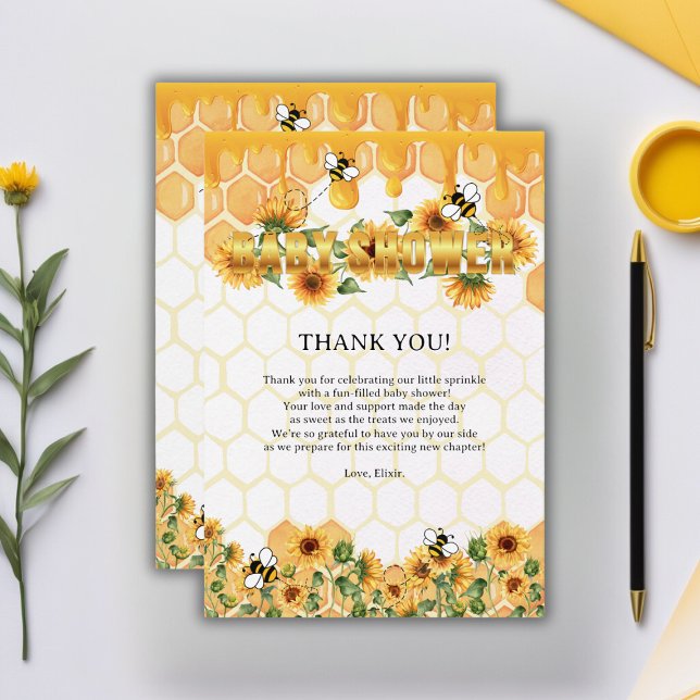 Gold Sunflower Honeycomb Honeybee Baby Shower Thank You Card (Creator Uploaded)