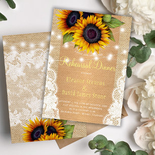 Gold sunflower rustic burlap lace rehearsal dinner invitation
