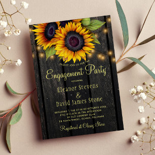 Gold sunflower rustic country barn wood engagement invitation