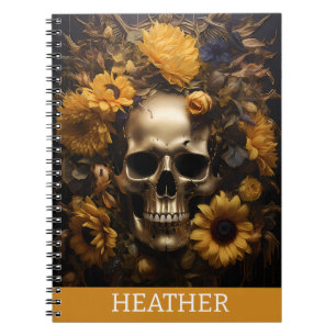 Gold Sunflower Skull Personalised monogram Notebook
