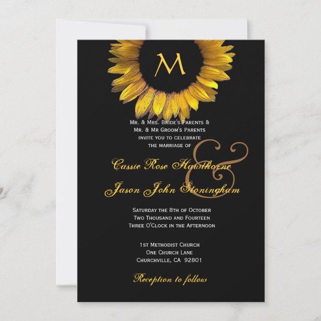 Gold Sunflower Wedding Custom Monogram Invitation (Front)