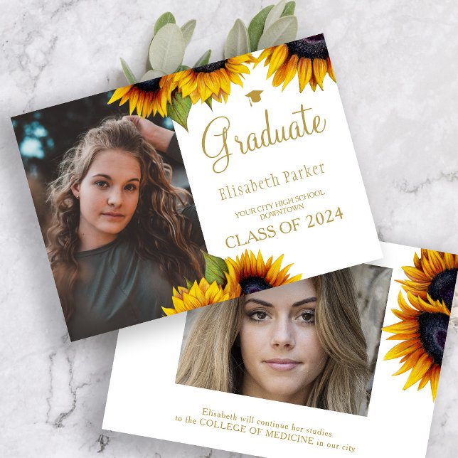 Gold sunflowers 2 photos graduation announcement (Creator Uploaded)