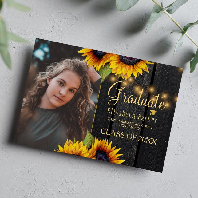 Gold sunflowers barn wood graduation announcement (Creator Uploaded)