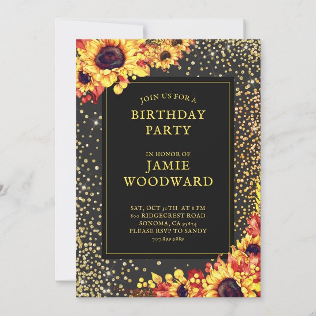 Gold Sunflowers Birthday Party Invitation (Front)