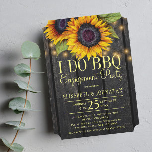 Gold sunflowers country barn wood bbq engagement invitation