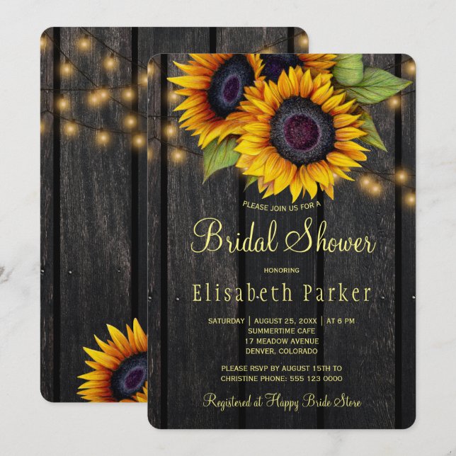 Gold sunflowers country barn wood bridal shower invitation (Front/Back)