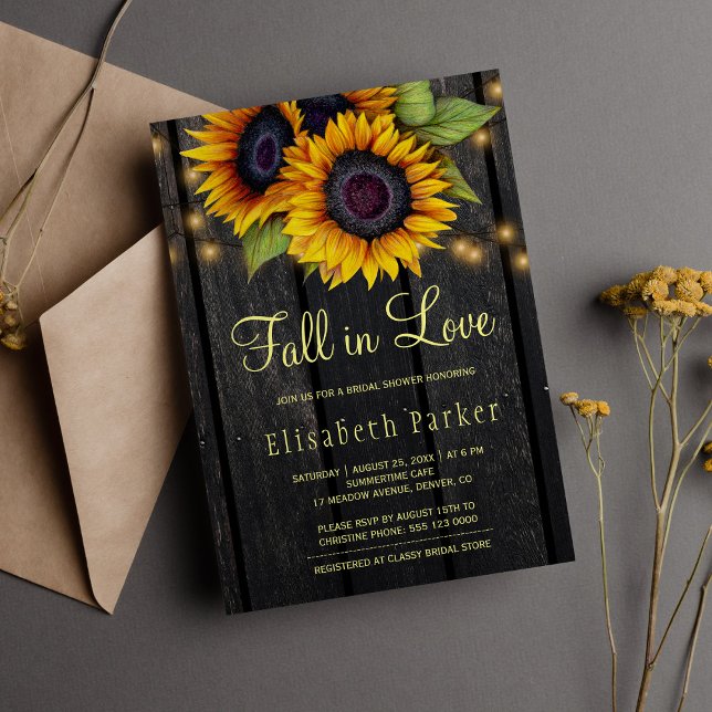 Gold sunflowers country barn wood bridal shower invitation (Creator Uploaded)