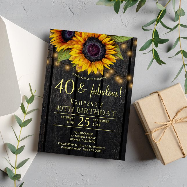 Gold sunflowers country barn wood forty fabulous invitation (Creator Uploaded)