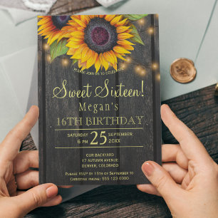 Gold sunflowers country barn wood sweet sixteen invitation
