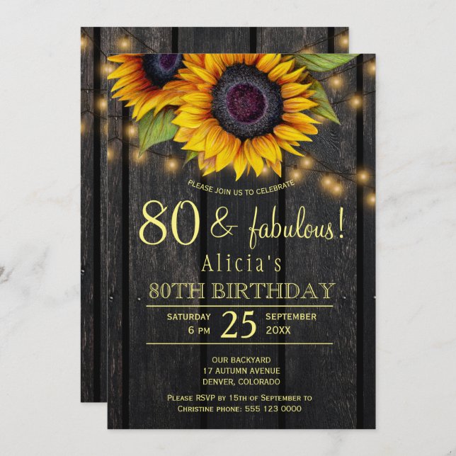Gold sunflowers country barnwood 80 fabulous years invitation (Front/Back)