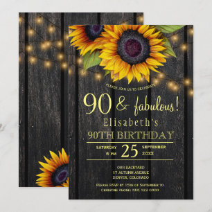Gold sunflowers country barnwood 90 fabulous years invitation