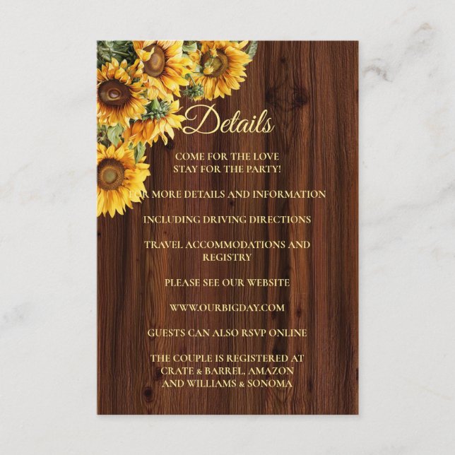 Gold Sunflowers floral Enclosure Card Details (Front)