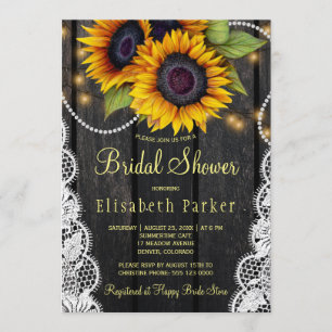 Gold sunflowers lace and barn wood bridal shower invitation