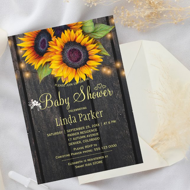 Gold sunflowers rustic barn wood baby shower invitation (Creator Uploaded)