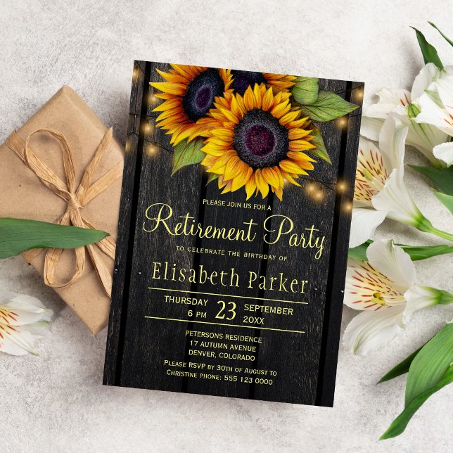 Gold sunflowers rustic barn wood retirement party invitation (Creator Uploaded)