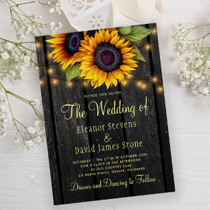 Gold sunflowers rustic country barn wood wedding invitation