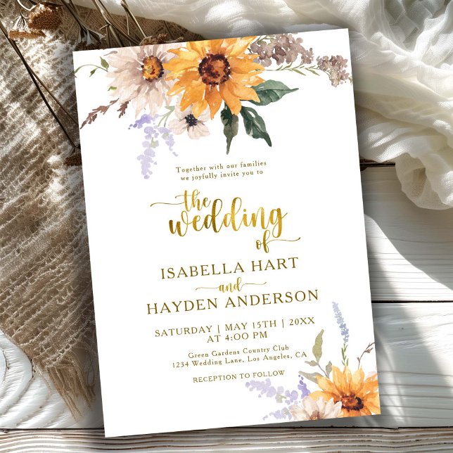 Gold Sunflowers Rustic Daisies Fall Floral Wedding Invitation (Creator Uploaded)