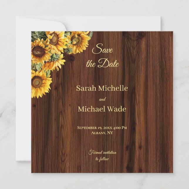 Gold Sunflowers rustic  Save the Date Invite (Front)